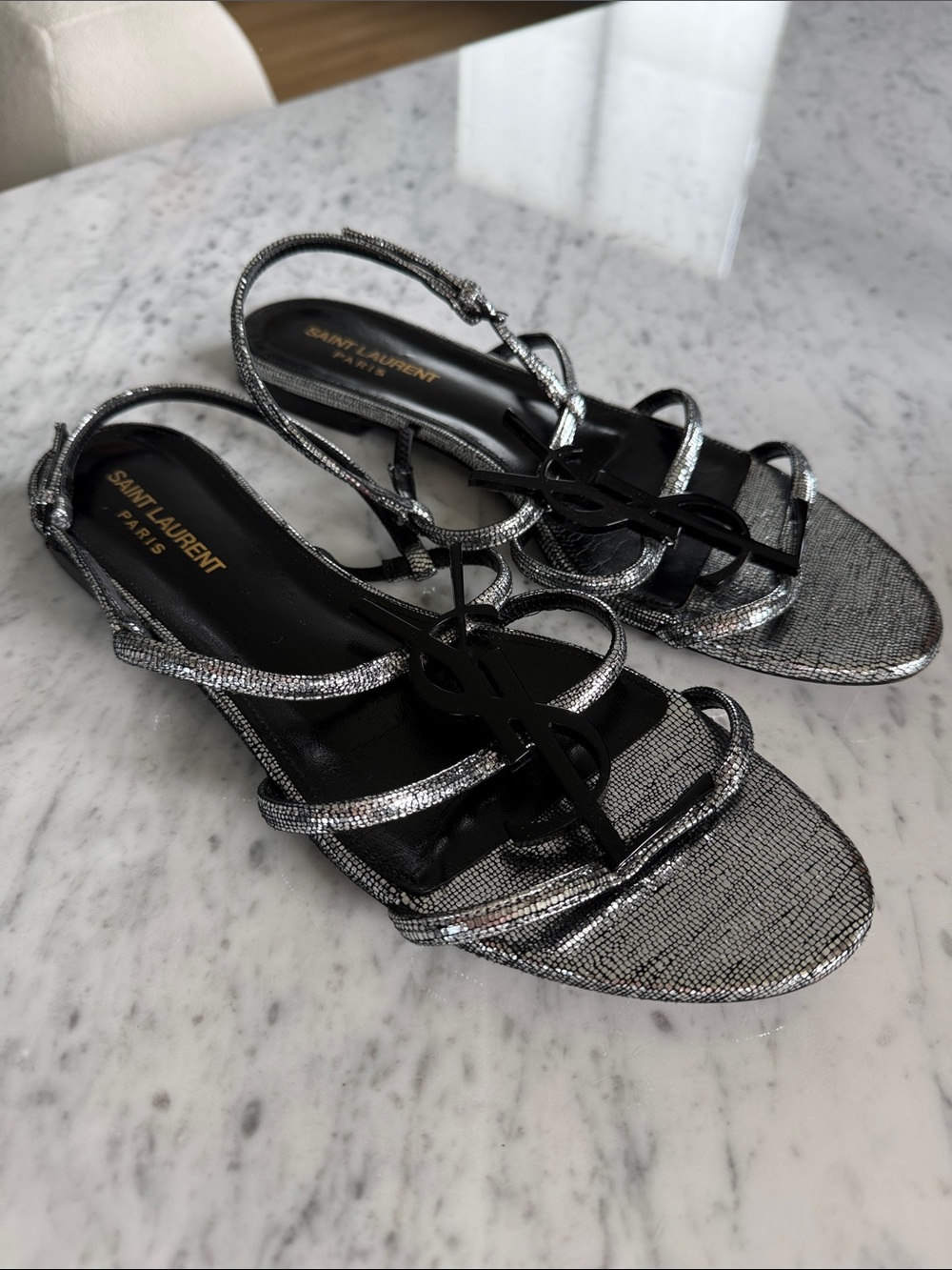 Saint Laurent Cassandra Argento Silver Flat Sandals - Size 40